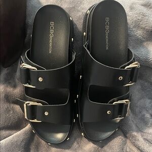 BCBGeneration Black Double Buckle Slides.